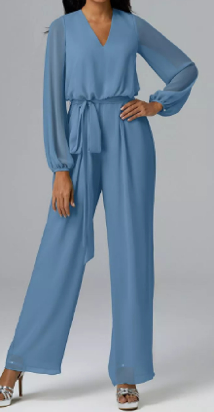 AW BRIDAL 4 S dusty blue Roxanne Long Sleeve Belted Wide Leg Jumpsuit New B35
